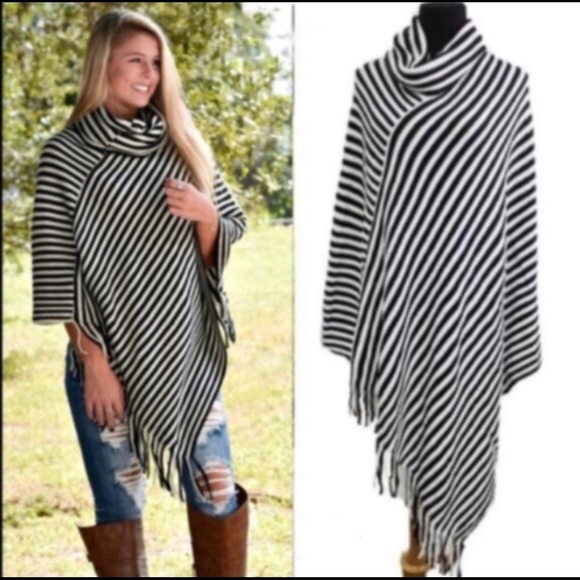 Striped Knit Turtle Neck Poncho Sweater - Picture 2 of 3